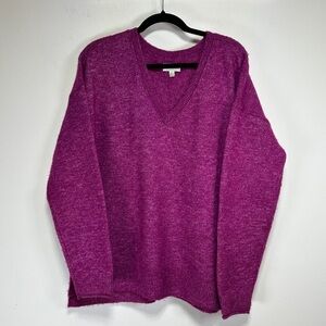 Lucky Brand Magenta Pink V-Neck Knit Sweater M Oversized Cozy Pullover